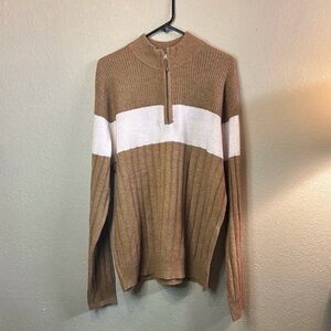 New Frye Sweater Men’s Tan & White Stripe Quarter Zip Casual Preppy Knit Sz XL